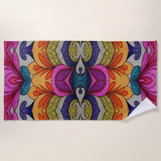 Vibrant Abstract Floral Fusion Pattern ビーチタオル (正面)