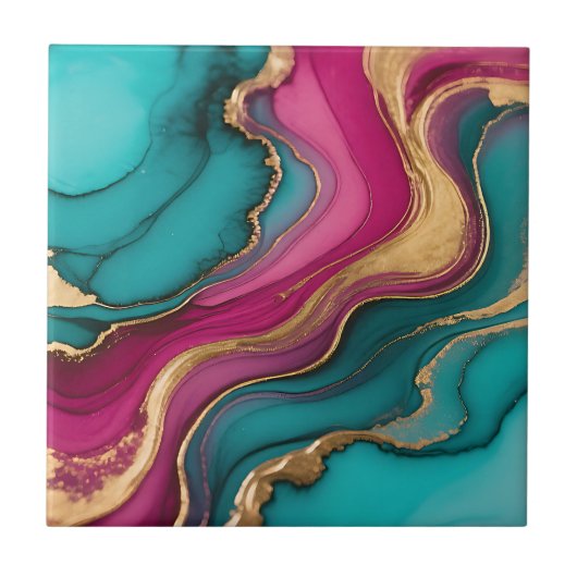 Vibrant Alcohol Ink Abstract Teal Magenta Gold タイル (正面)