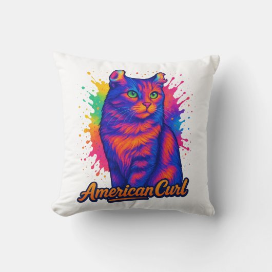 Vibrant American Curl Cat Pop Art Illustration クッション (正面)