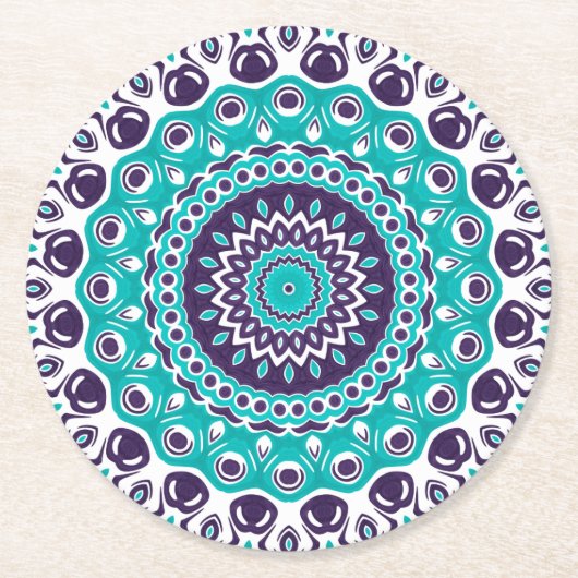 Vibrant Aqua and Plum Mandala Pattern ラウンドペーパーコースター (正面)