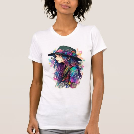 Vibrant Artistic Girl in Wide-Brimmed Hat - Women’ Tシャツ (正面)