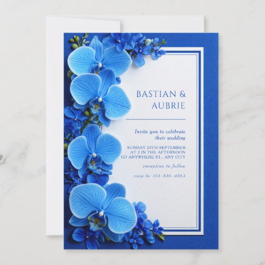 Vibrant Azure Blue Botanical Orchid Wedding 招待状 (正面)