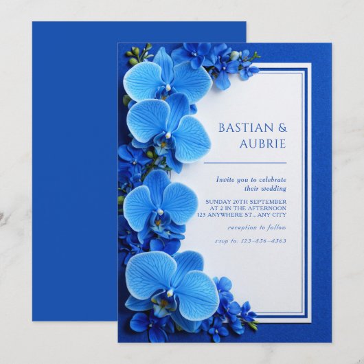 Vibrant Azure Blue Botanical Orchid Wedding 招待状 (正面/裏面)
