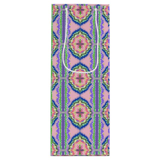 Vibrant Bloom Kaleidoscope: Pink & Emerald Mandala ワインギフトバッグ (正面)