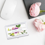 Vibrant Bloom | Personalized Watercolor Floral 名刺入れ<br><div class="desc">Elegant floral business card holder features a bouquet of watercolor painted peony and rose flowers in vibrant shades of violet purple,  blush pink and green. Your name and/or business name is displayed in the center in modern lettering on a white band.</div>