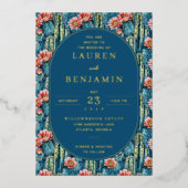 Vibrant Blue Cactus Watercolor Pattern 箔招待状 (正面)