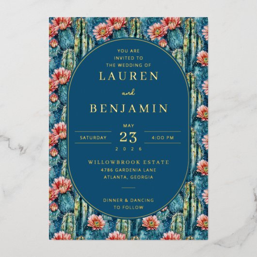 Vibrant Blue Cactus Watercolor Pattern 箔招待状 (正面)