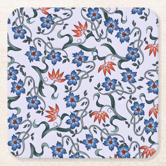  Vibrant Blue Floral Patterns with Green Vines スクエアペーパーコースター (正面)