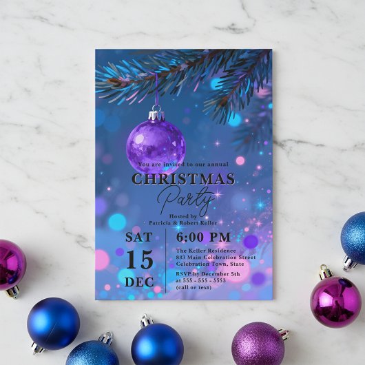 Vibrant Blue Purple Bauble Bokeh Christmas Party 招待状