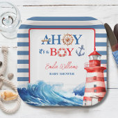 Vibrant Blue Red Coastal Lighthouse Baby Shower ペーパープレート