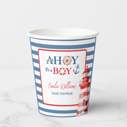 Vibrant Blue Red Coastal Lighthouse Baby Shower 紙コップ (正面)