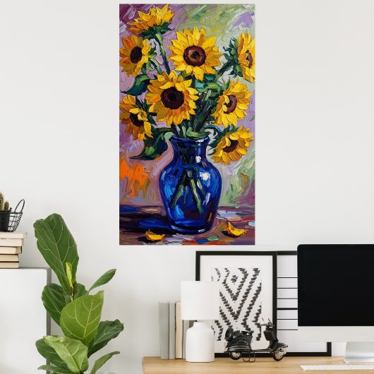 Vibrant Blue & Yellow Sunflower Expressionist ポスター (ホームオフィス)