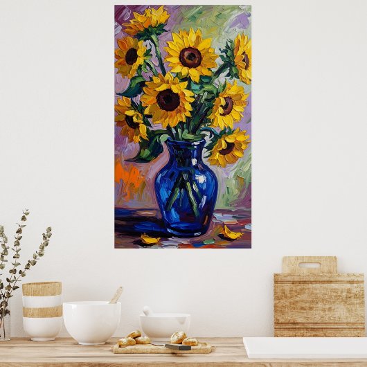 Vibrant Blue & Yellow Sunflower Expressionist ポスター (キッチン)