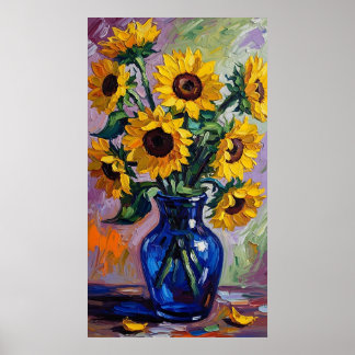 Vibrant Blue & Yellow Sunflower Expressionist ポスター