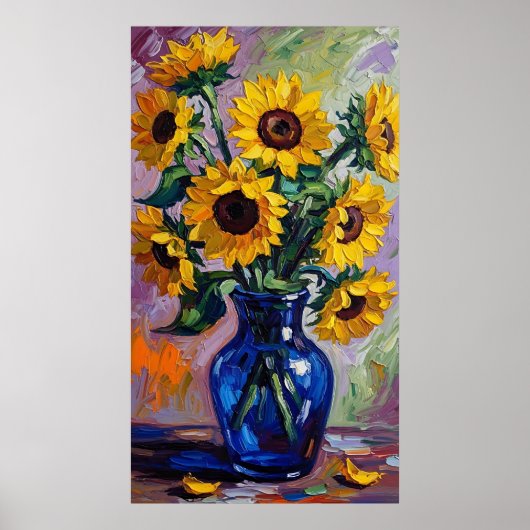 Vibrant Blue & Yellow Sunflower Expressionist ポスター (正面)