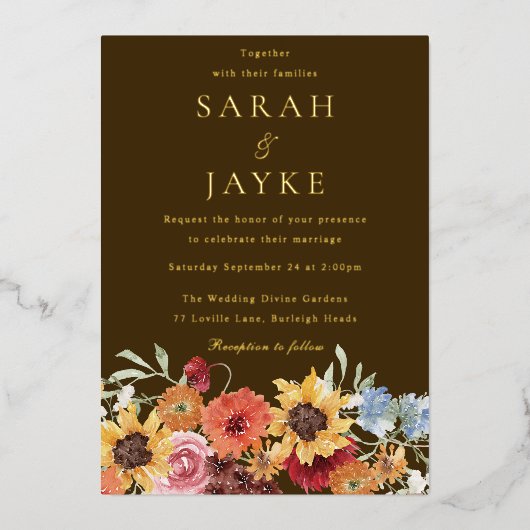 Vibrant Bold Floral Boho Wedding Gold 箔招待状 (正面)
