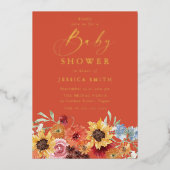 Vibrant Bold Floral Summer Baby Shower Gold 箔招待状 (正面)