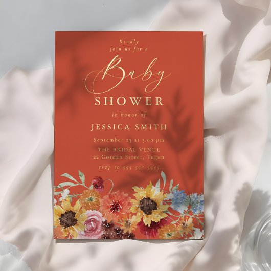 Vibrant Bold Floral Summer Baby Shower Gold 箔招待状