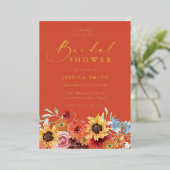 Vibrant Bold Floral Summer Bridal Shower Gold 箔招待状 (立ち正面)