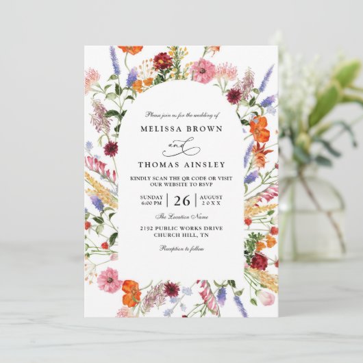 Vibrant Bold Watercolor Wildflower QR Code Wedding 招待状 (スタンド正面)