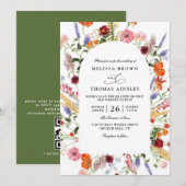 Vibrant Bold Watercolor Wildflower QR Code Wedding 招待状 (正面/裏面)