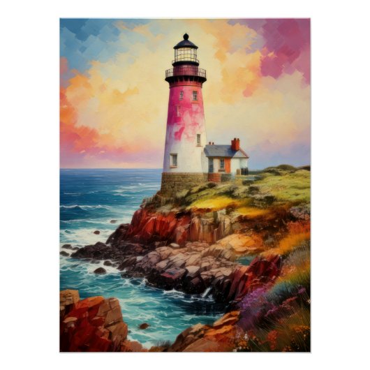 Vibrant Breton Coast Lighthouse - Impressionistic  ポスター (正面)