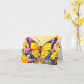 Vibrant Butterfly Art Happy Birthday カード (黄色い花)
