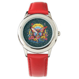 Vibrant Butterfly Floral Garden Women's Red Watch  腕時計