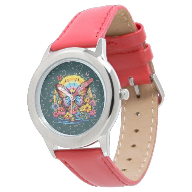 Vibrant Butterfly Floral Garden Women's Red Watch  腕時計 (アングル)