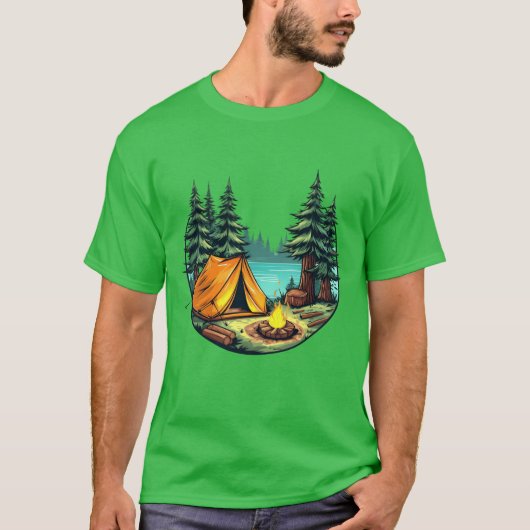 Vibrant Cartoon Camping Scene Withent FireTrees vi Tシャツ (正面)