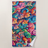 Vibrant Cat Dreamscape – Psychedelic Boho ビーチタオル (正面)
