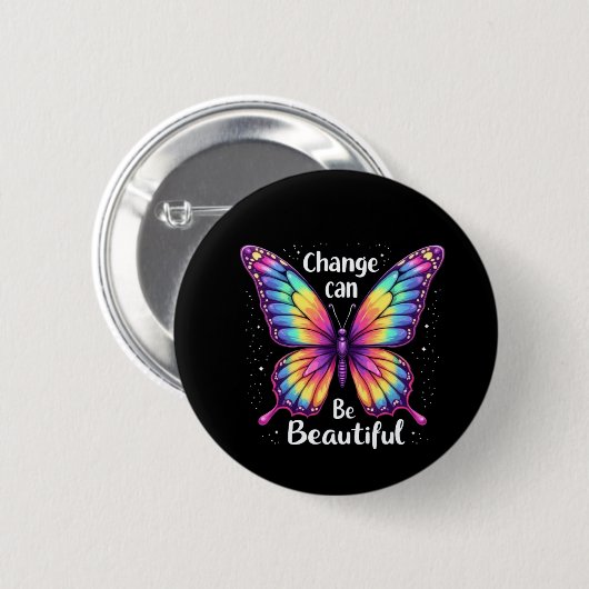 Vibrant 'Change is Beautiful' Butterfly 缶バッジ (正面&裏面)