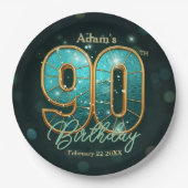 Vibrant Chic Teal Gold Metallic 90th Birthday ペーパープレート (正面)