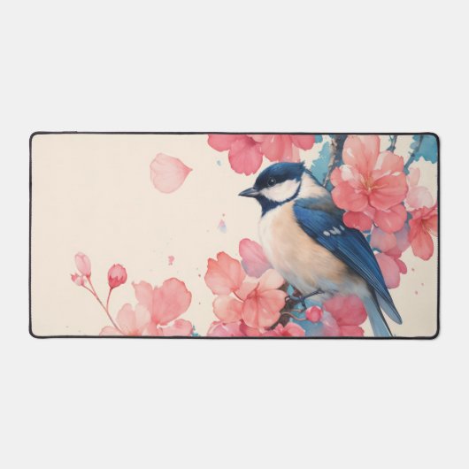 Vibrant Chickadee Hot Pink Cherry Blossom デスクマット (正面)