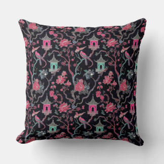 Vibrant Chinoiserie Pagoda and Birds クッション