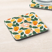 Vibrant Citrus Fruit Pattern with Green Leaves コースター (左側)