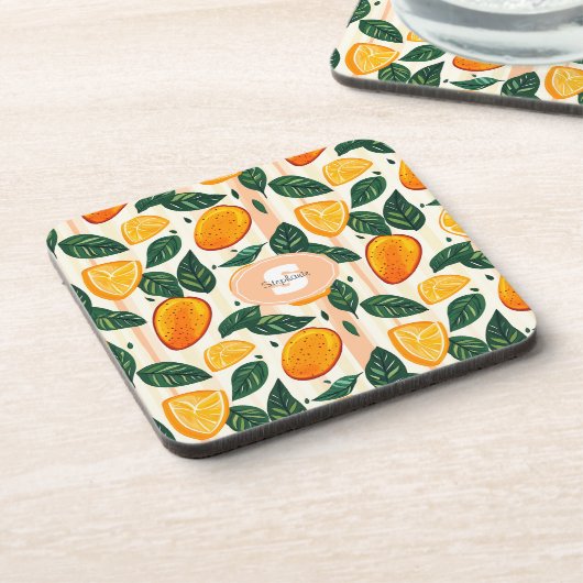 Vibrant Citrus Fruit Pattern with Green Leaves コースター (左側)