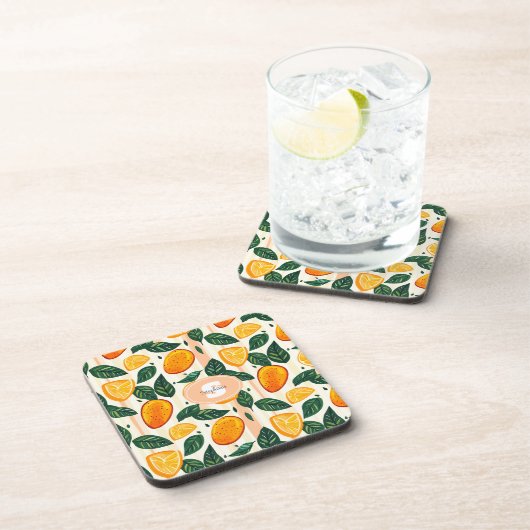Vibrant Citrus Fruit Pattern with Green Leaves コースター (右側)