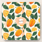 Vibrant Citrus Fruit Pattern with Green Leaves コースター (正面)