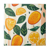 Vibrant Citrus Fruit Pattern with Green Leaves タイル (正面)