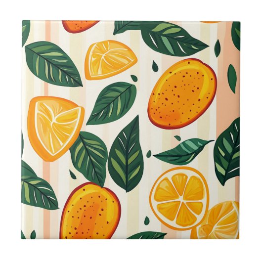 Vibrant Citrus Fruit Pattern with Green Leaves タイル (正面)