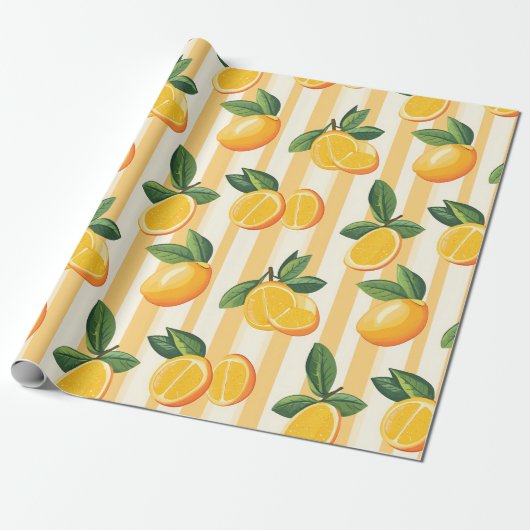 Vibrant Citrus Fruit Pattern with Green Leaves () ラッピングペーパー (アンロールド)