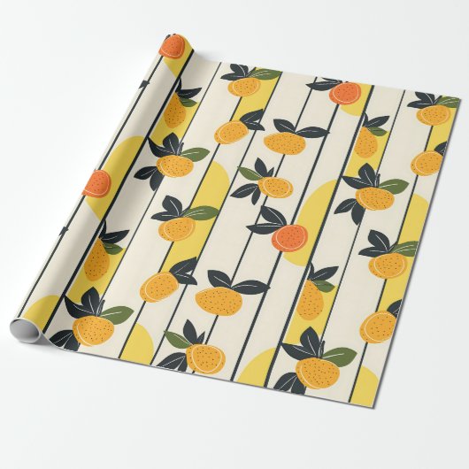 Vibrant Citrus Fruit Pattern with Green Leaves (2) ラッピングペーパー (アンロールド)