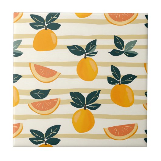 Vibrant Citrus Fruit Pattern with Green Leaves (4) タイル (正面)