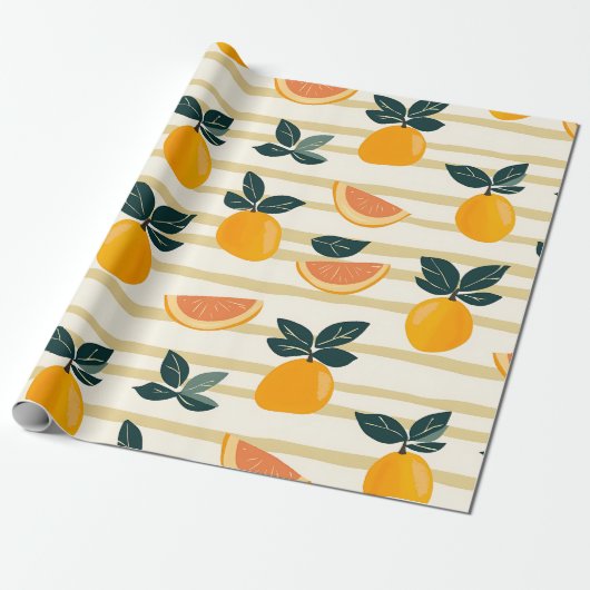 Vibrant Citrus Fruit Pattern with Green Leaves (4) ラッピングペーパー (アンロールド)