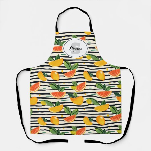 Vibrant Citrus Fruit Pattern with Green Leaves (6) エプロン (正面)