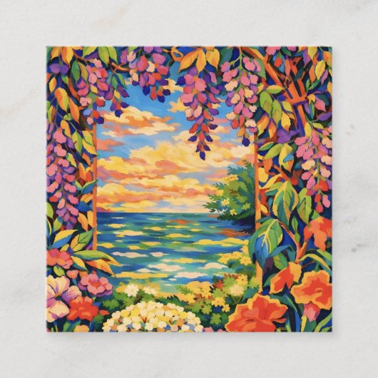 Vibrant Coastal Garden Window – Fauvist Botanical  スクエア名刺 (正面)