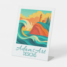 Vibrant Coastal Lighthouse Wave Papercut Art 台座サイン