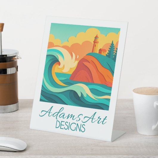 Vibrant Coastal Lighthouse Wave Papercut Art 台座サイン (インサイチュ)