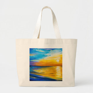 Vibrant Coastal Sunset Oil Painting ラージトートバッグ